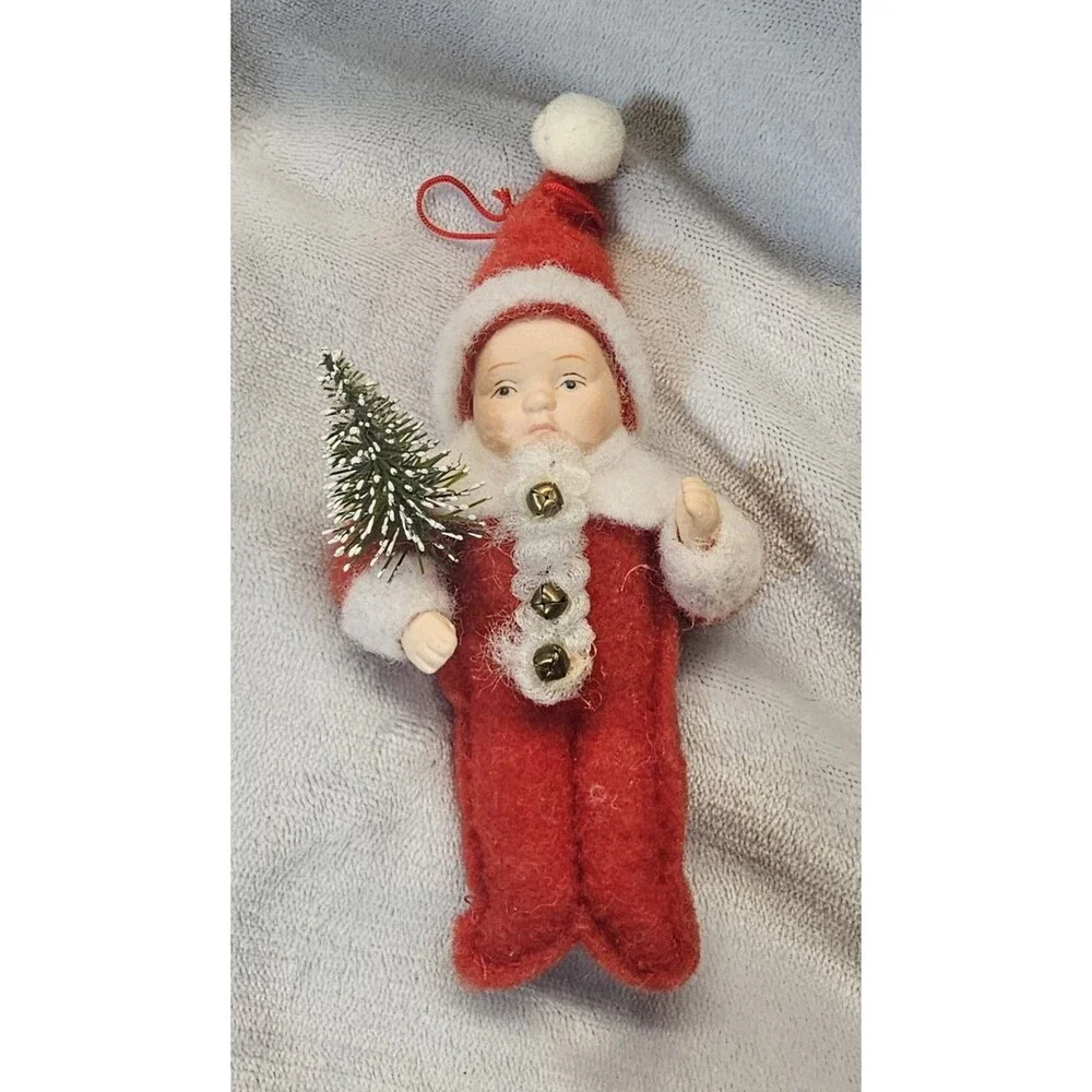 Vtg Porcelain Face Baby Christmas Ornament Pink Fuzzy Santa Outfit brn Tag